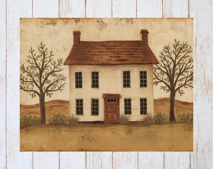 Primitive Folk Art Greeting Card | Saltbox House Note Cards | Prim Saltbox Stationery