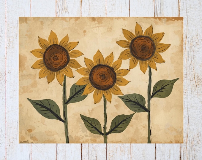 Primitive Folk Art Greeting Card – Prim Sunflowers – Printed to Order – Country Whimsical Flowers