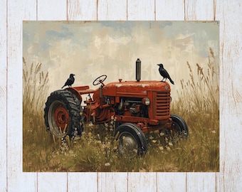 Tarjeta de felicitación con tractor primitivo y cuervos / Papelería de granja campestre