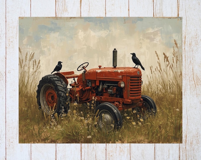 Primitive Tractor and Crows Greeting Card |  Country Farm Stationery