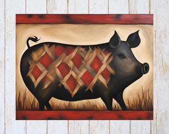 Tarjeta de cerdo con arte popular primitivo - Tarjeta rústica de felicitación campestre - Papelería Hog