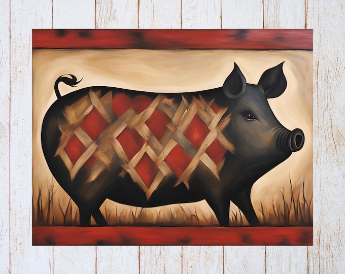 Primitive Folk Art Pig Card – Rustic Country Greeting  Note Card – Hog Stationery
