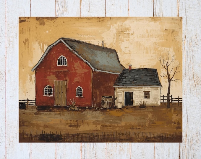 Primitive Folk Art Barn Card – Rustic Country Greeting  Note Card – Farm Stationery