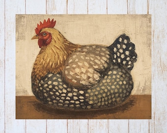 Tarjeta de pollo con arte popular primitivo / Tarjeta rústica campestre / Papelería Prim Chicken