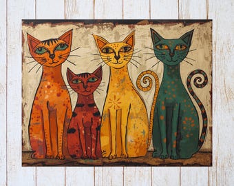 Primitive Folk Art Cats Blank Note Card