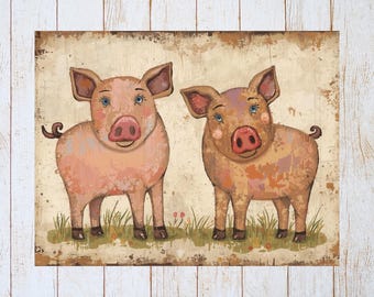 Primitive Whimsical 2 Pigs Note Card