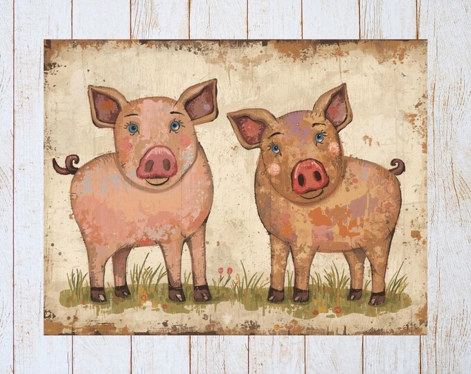 Primitive Whimsical 2 Pigs Note Card