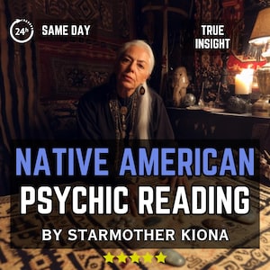 Op de afbeelding: Advertentie voor Native American psychic readings door Starmother Kiona. De afbeelding toont een vrouw met wit haar en donkere kleding. Tekst bevat "Same Day" en "True Insight". De achtergrond is zwak verlicht met kaarsen en decoratieve items.
