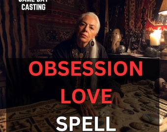 May include: An image featuring a woman with long white hair, wearing dark clothing and jewelry. The text "OBSESSION LOVE SPELL BY STARMOTHER KIONA" is displayed in red and white. The background includes a candle and decorative items.