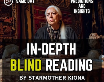May include: An image featuring a woman with long white hair, wearing a black top, and a necklace. The text reads "IN-DEPTH BLIND READING" and "BY STARMOTHER KIONA". Additional text includes "PREDICTIONS AND INSIGHTS" and "SAME DAY".