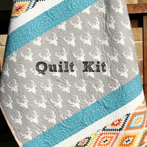 Striped Baby Quilt Kit – Modern Aztec Deer Quilt Kit – Woodland Baby Quilt – Beginner Quilt Kit – Baby Quilt Kit