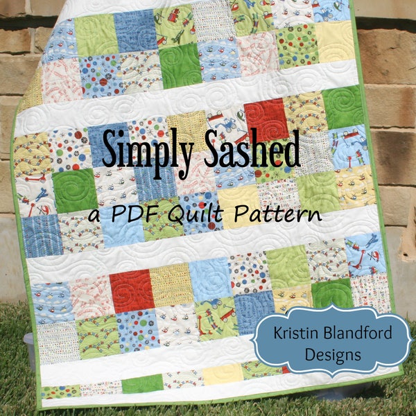 PDF Quilt Pattern, Simply Sashed, Charm Pack Precuts Simple Moda Riley Blake, Quick Fast Easy Beginner Intermediate, baby quilt pattern