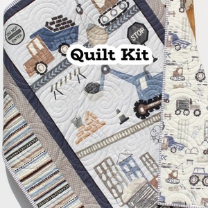 Boy Quilt Kit, Construction Baby Panel Quick Easy Fun Beginner Roadwork Ahead Sewing Quilting Newborn Gifts Cranes Dump Trucks