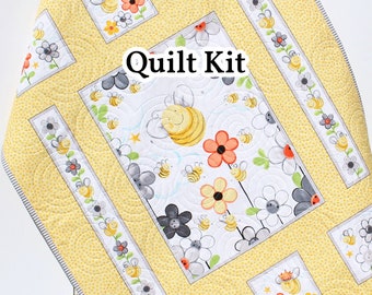 Baby Quilt Kit Bees Bedding Panel Stripe Quick Beginner Project Fabrics Bundle Set Baby Nursery Bedding DIY Honeybees Gender Neutral Yellow