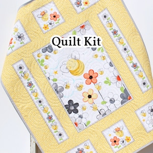 Baby Quilt Kit Bees Bedding Panel Stripe Quick Beginner Project Fabrics Bundle Set Baby Nursery Bedding DIY Honeybees Gender Neutral Yellow