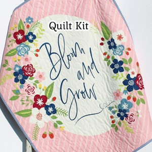 Baby Girl Panel Quilt Kit, Bloom and Grow Riley Blake Fabrics, Simple Easy Beginner Quilting Project Ideas Sewing Maroon Pink Stripe Navy