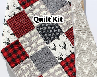 Quilt Kit Buffalo Plaid Woodland Rustic Bedding Crib Blanket Quilting Project Baby Quilt Kit Toddler Kit Patchwork Kit Deer Bear Red Black