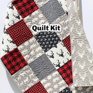 Quilt Kit Buffalo Plaid Woodland Rustic Bedding Crib Blanket Quilting Project Baby Quilt Kit Toddler Kit Patchwork Kit Deer Bear Red Black