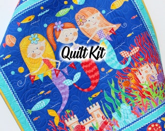 Mermaids Quilt Kit, Baby Sewing Project to Make Yourself, Girls Baby Bedding, Quilted Blanket Kit, Fish Nautical Newborn Gift for Child Sew