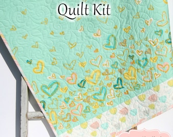 Girls Quilt Kit, Nursery Crib Blanket, DIY Do It Yourself Project, Art Gallery Fabrics Reverie Hearts Flowers Tulips Mint Pink Yellow Green