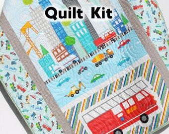 Transportation Quilt Kit Baby Boy Panel Quick Easy Fun Beginner Sewing Project Quilting Ideas for Newborn Gifts Cars Trucks Around Town DIY