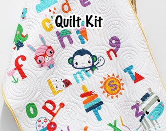 Alphabet Quilt Kit, Let's Play ABCs Baby Newborn Boy or Girl Animals Letters Sewing Project Includes Panel Top Backing Binding Quick Easy