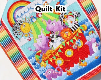 Baptism Quilt Kit, Biblical Bedding, Noah's Ark Fabrics Two by Two Boy or Girl, Animals Quilt Kit, Panel Beginner Kit DIY Project Easy Idea