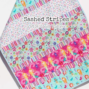 Sashed Stripes Quilt Pattern, Modern Strip Baby Toddler Size, Quilting Sewing Fast Easy Simple Contemporary Beginner, Large Fabrics Scale