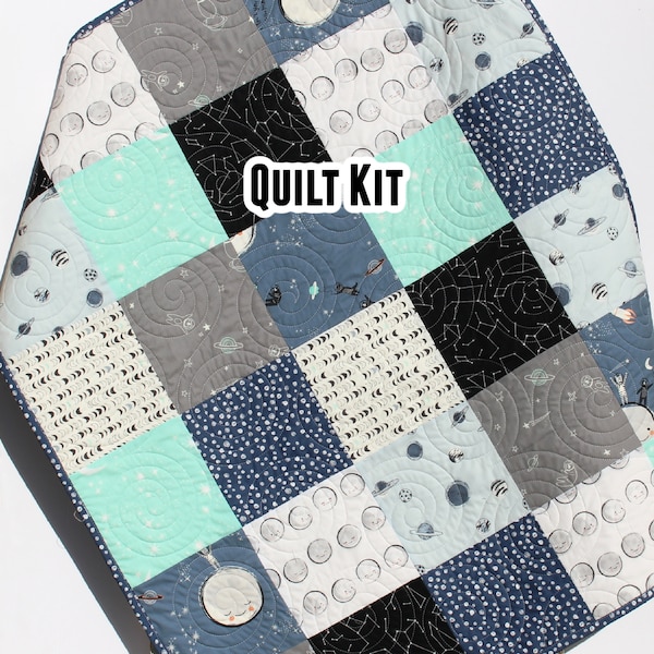 Space Quilt Kit, Baby Toddler Throw Twin Size, Stargazer Planets Moons Stars Galaxy Navy Blue Aqua Grey Gray Black Patchwork Boy Child