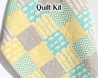 Gender Neutral Baby Quilt Kit for Boy or Girl Yellow Grey Aqua Teal Beginner Patchwork Sewing Ideas Bundle Set of Fabrics Binding Backing