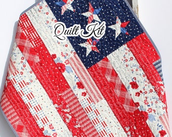 Patriotic Panel Quilt Kit – American Flag DIY Quilt Kit to Sew – Land of the Brave Fabric – Red White Blue Crib Quilt Kit with Backing