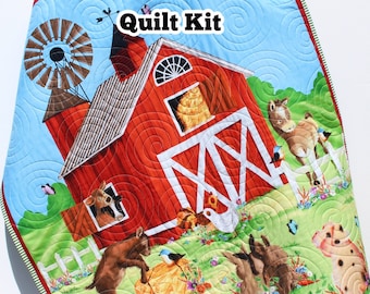 Farm Quilt Kit, Panel Quick Easy Fun, Beginner Project, Quilting Fabrics, Baby Nursery Farm Bedding Cow Horse Pig Barn Barnyard Animals