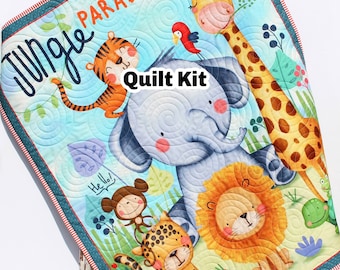 Jungle Paradise Quilt Kit Safari Animals Crib Blanket Quilting DIY Sewing Project Boy Girl Beginner Panel Fabrics Elephant Lion Tiger Monkey