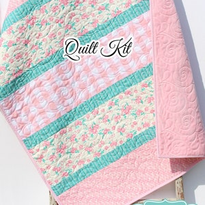 Quilt Kit, Striped Beginners, Farmhouse Floral Plaid, Pink Flowers, Projects for you to Make, Baby or Toddler, Teal Keepsake Gift Handmade