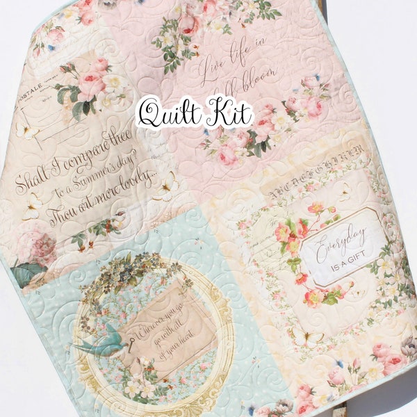 Shabby Chic Quilt Kit, Baby Girl Panel, Simple Easy Beginner Quilting Project Ideas Sewing Light Pink Blue Roses and Violets Newborn Sewing