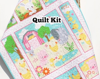 Pastel Farm Quilt Kit, Panel Quick Easy Fun, Quilting Projects, Beginner Project, Baby Nursery Bedding Cow Horse Pig Barnyard Animals Girl