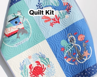 Ocean Quilt Kit, Sea Fish Ship Boat Whales Nautical Crib Blanket, Quilting Lost at Sea Boy Girl Beginner Quilt Kit Bundle Set Panel Fabrics