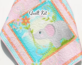 Elephant Baby Quilt Kit for Baby Girl Newborn Sewing Project Pink Aqua Blue Orange Floral Daisies Quilting Bundle of Fabrics to Sew