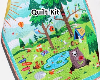 Woodland Quilt Kit, Forest Animals Panel, Camping Nursery Crib Sewing Blanket Bear Quilting DIY Project Simple Quick Easy Woods Outdoor