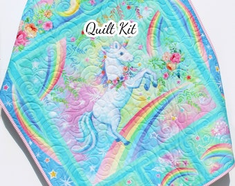 Unicorn Baby Quilt Kit – DIY Fabric Panel Quilt for Girls – Rainbow Crib Blanket to Sew – Easy Quilt Kit for Nursery or Baby Shower Gift