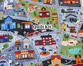 Playmat Quilt Kit Panel Baby Blanket Project Size Village Cars Trucks Vehicles Roadways Play Mat Toys Newborn Boy Toddler Town City Blue
