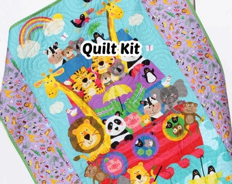 Noah's Ark Quilt Kit, Biblical Bedding, Baptism Fabrics Two by Two Boy or Girl, Animals Quilt Kit, Panel Beginner Kit DIY Project Easy Idea