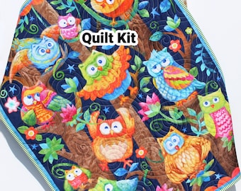 Owl Quilt Kit Animals Crib Blanket Quilting DIY Sewing Project Boy Girl Beginner Panel Fabrics Dark Navy Blue Green Orange Fabric Bundle