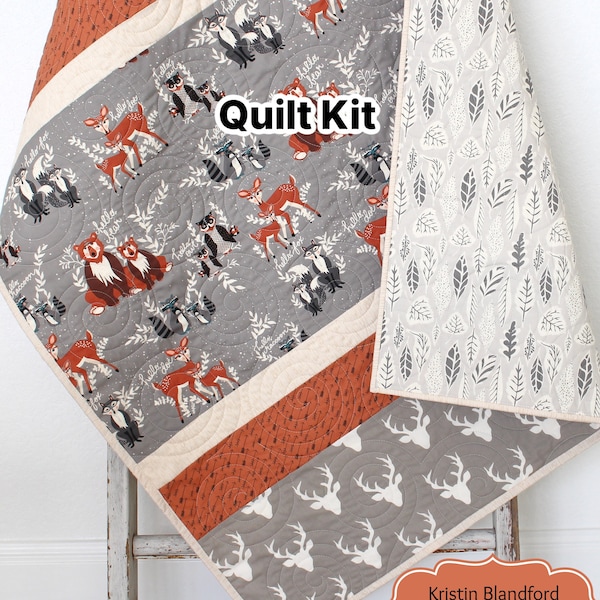 Woodland Quilt Kit, Baby Boy, DIY Project, Forest Animals Hello Bear, Art Gallery Fabrics, Deer Fox, Simple Easy Beginner, Striped Pattern