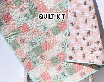 LAST ONES Quilt Kit for Girls, Panel Beginner Project, Sewing Ideas, Simple Quick and Easy Quilting, Sleep Tight Teddy Bear Coral Pink Mint