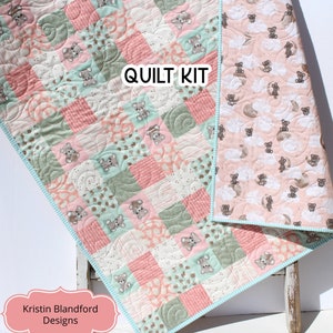LAST ONES Quilt Kit for Girls, Panel Beginner Project, Sewing Ideas, Simple Quick and Easy Quilting, Sleep Tight Teddy Bear Coral Pink Mint