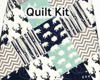 Precut Quilt Kit for Baby Boy – Deer and Bear Woodland Quilt Kit – Mineral Dusk Modern Crib Quilt to Sew – Includes Backing & Binding
