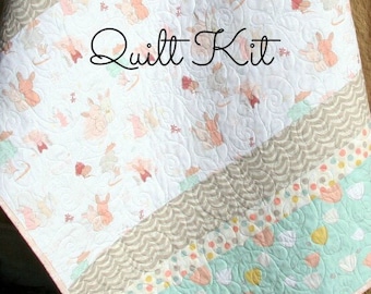 Girl Quilt Kit, DIY Project Baby Quilt Kit Bunnies Littlest Art Gallery Mint Green Coral Pink Gray Simple Easy Beginner Striped Pattern