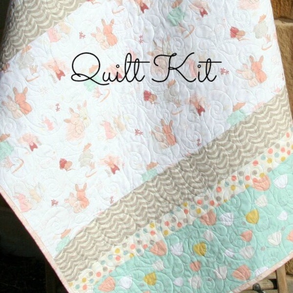 Girl Quilt Kit, DIY Project Baby Quilt Kit Bunnies Littlest Art Gallery Mint Green Coral Pink Gray Simple Easy Beginner Striped Pattern