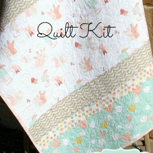 Girl Quilt Kit, DIY Project Baby Quilt Kit Bunnies Littlest Art Gallery Mint Green Coral Pink Gray Simple Easy Beginner Striped Pattern image 1